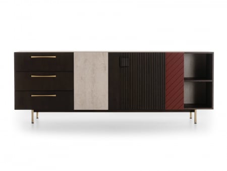 Mobila Dining - Bufet 2 usi 3 sertare 1 nisa Galla C 228cm, personalizabil, lemn de stejar, culori contrastante, ceramica, riflaj, picioare metalice, feronerie cu amortizare, stil contemporan
