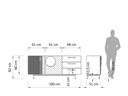 Bufet 2 usi 3 sertare Galla E 190cm, personalizabil, lemn de stejar, culori contrastante, ceramica, riflaj, picioare metalice, feronerie cu amortizare, stil contemporan [5]
