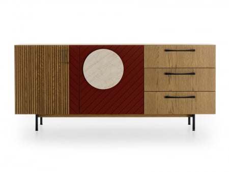 Mobila Dining - Bufet 2 usi 3 sertare Galla E 190cm, personalizabil, lemn de stejar, culori contrastante, ceramica, riflaj, picioare metalice, feronerie cu amortizare, stil contemporan