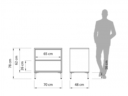 Comoda 2 sertare Atlas 70cm, modulara, lemn masiv de stejar, picioare metalice, feronerie cu amortizare, multiple finisaje disponibile, stil minimalist [3]