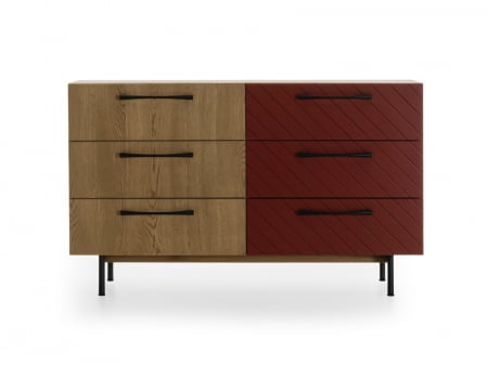 Living - Comoda 6 sertare Galla 136cm, personalizabila, lemn de stejar, culori contrastante, picioare metalice, feronerie cu amortizare, stil contemporan
