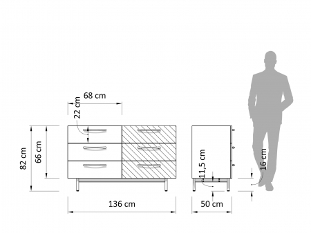 Comoda 6 sertare Galla 136cm, personalizabila, lemn de stejar, culori contrastante, picioare metalice, feronerie cu amortizare, stil contemporan [4]
