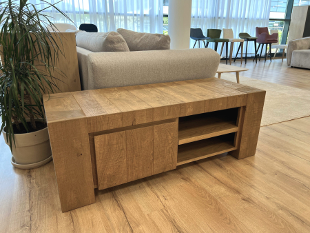 BLACK FRIDAY - Comoda TV 1 sertar Dahab 130cm, lemn masiv, finisaj Castle Oak, feronerie cu amortizare, stil rustic