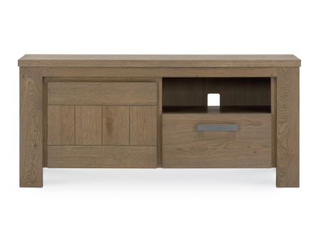 BLACK FRIDAY - Comoda TV 1 usa 1 sertar Malaga 110cm, lemn masiv stejar si furnir stejar, finisaj ulei Old Toendra, balamale cu amortizare, stil modern