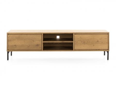 Comoda TV 2 sertare si nisa Atlas 180cm, modulara, lemn masiv de stejar, picioare metalice, feronerie cu amortizare, multiple finisaje disponibile, stil minimalist [3]