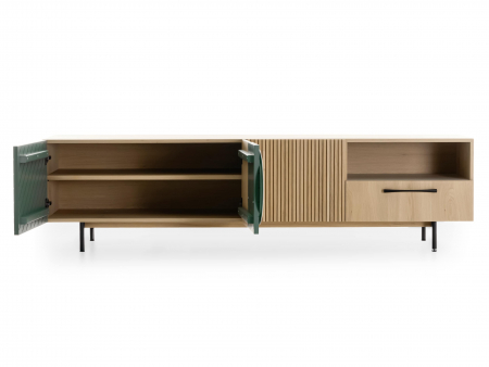 Comoda TV 3 usi 1 sertar 1 nisa Galla A 228cm, personalizabila, lemn de stejar, culori contrastante, ceramica, riflaj, picioare metalice, feronerie cu amortizare, stil contemporan [5]