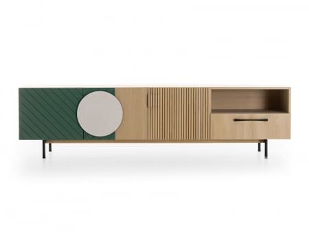 Living - Comoda TV 3 usi 1 sertar 1 nisa Galla A 228cm, personalizabila, lemn de stejar, culori contrastante, ceramica, riflaj, picioare metalice, feronerie cu amortizare, stil contemporan
