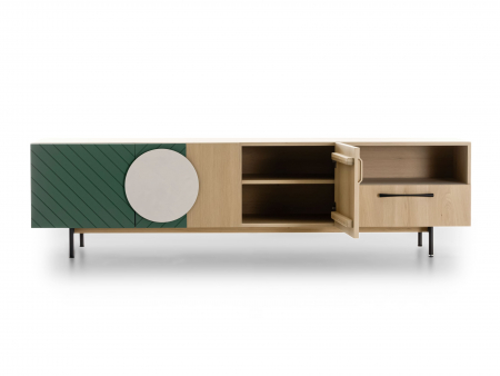 Comoda TV 3 usi 1 sertar 1 nisa Galla A 228cm, personalizabila, lemn de stejar, culori contrastante, ceramica, riflaj, picioare metalice, feronerie cu amortizare, stil contemporan [6]