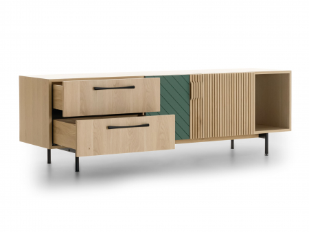 Comoda TV 2 usi 2 sertare 1 nisa Galla C 190cm, personalizabila, lemn de stejar, culori contrastante, ceramica, riflaj, picioare metalice, feronerie cu amortizare, stil contemporan [9]
