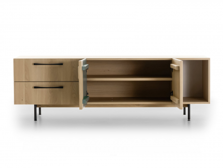 Comoda TV 2 usi 2 sertare 1 nisa Galla C 190cm, personalizabila, lemn de stejar, culori contrastante, ceramica, riflaj, picioare metalice, feronerie cu amortizare, stil contemporan [1]