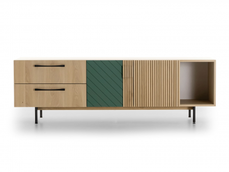 Living - Comoda TV 2 usi 2 sertare 1 nisa Galla C 190cm, personalizabila, lemn de stejar, culori contrastante, ceramica, riflaj, picioare metalice, feronerie cu amortizare, stil contemporan