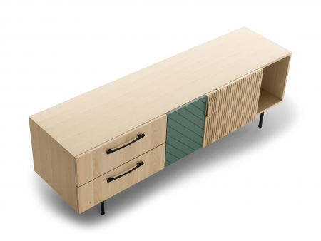 Comoda TV 2 usi 2 sertare 1 nisa Galla C 190cm, personalizabila, lemn de stejar, culori contrastante, ceramica, riflaj, picioare metalice, feronerie cu amortizare, stil contemporan [11]