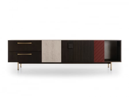 Mobila Dining - Comoda TV 2 usi 2 sertare 1 nisa Galla C 228cm, personalizabila, lemn de stejar, culori contrastante, ceramica, riflaj, picioare metalice, feronerie cu amortizare, stil contemporan