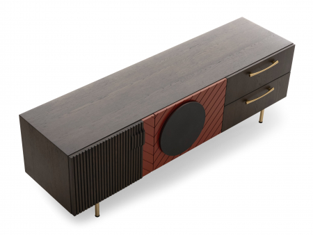 Comoda TV 2 usi 2 sertare Galla E 190cm, personalizabila, lemn de stejar, culori contrastante, ceramica, riflaj, picioare metalice, feronerie cu amortizare, stil contemporan [11]