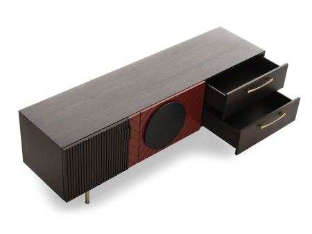 Comoda TV 2 usi 2 sertare Galla E 190cm, personalizabila, lemn de stejar, culori contrastante, ceramica, riflaj, picioare metalice, feronerie cu amortizare, stil contemporan [12]