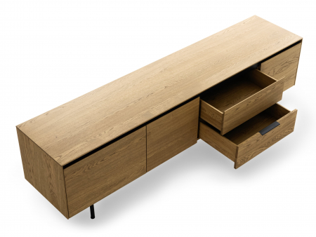 Comoda TV 3 usi 2 sertare Linea 228cm, lemn de stejar, picioare metalice, feronerie cu amortizare, multiple finisaje disponibile, stil contemporan [1]