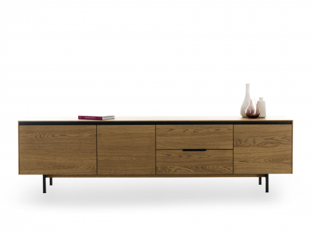 Living - Comoda TV 3 usi 2 sertare Linea 228cm, lemn de stejar, picioare metalice, feronerie cu amortizare, multiple finisaje disponibile, stil contemporan