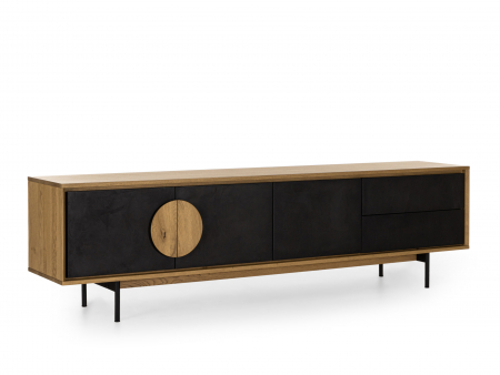 Comoda TV 3 usi 2 sertare Veneto 242cm, lemn de stejar si microciment, picioare metalice, feronerie cu amortizare, multiple finisaje disponibile, stil contemporan [9]