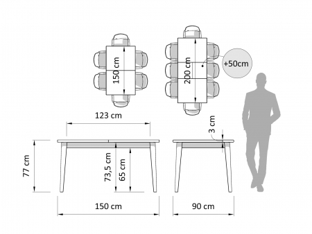 Masa extensibila Atlas 150/200cm, lemn masiv de stejar si panel furniruit, multiple finisaje disponibile, stil modern [2]