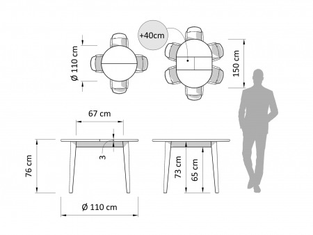 Masa extensibila rotunda Atlas D110/150cm, lemn masiv de stejar, multiple finisaje disponibile, stil modern [3]