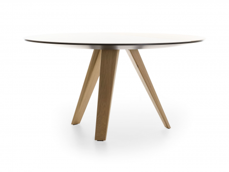 Mobila Dining - Masa rotunda Dream, D110-D150cm, blat din lemn masiv de stejar, ceramica si MDF, picioare din lemn masiv de stejar si otel, multiple finisaje disponibile, stil contemporan