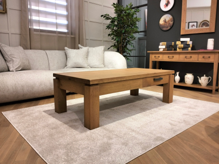 BLACK FRIDAY - Masuta cafea 2 sertare Normandy 140x70cm, lemn masiv stejar, glisiere cu amortizare, stil modern