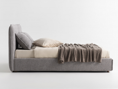 Paturi Tapitate - Pat tapitat Linea cu tablie inalta capitonata, lada depozitare, somiera metalica, picioare lemn 4cm, laterale dehusabile, stil modern, personalizabil