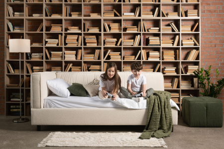 Pat pentru copii tapitat Parma, lada depozitare, picioare metalice 10cm, stil contemporan, personalizabil [1]