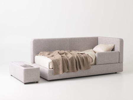 The Seasonal Reset - Pat pentru copii tapitat Soft, cu laterala de protectie, spatiu de depozitare, picioare lemn 4cm, stil contemporan, personalizabil