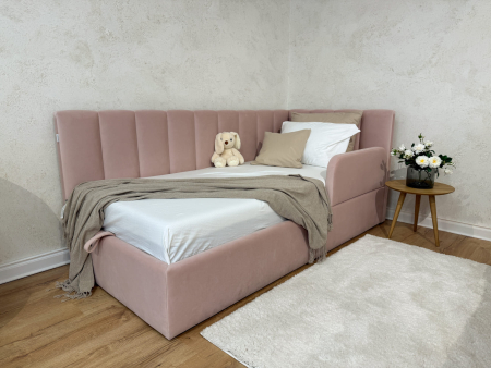 SALE - Pat pentru copii tapitat Valencia 1, cu laterala de protectie, lada de depozitare, somiera metalica 90x200cm, picioare plastic 3cm, stil contemporan SALE