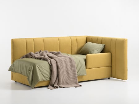 The Seasonal Reset - Pat pentru copii tapitat Vibe, cu laterala de protectie, spatiu de depozitare, picioare lemn 4cm, stil contemporan, personalizabil