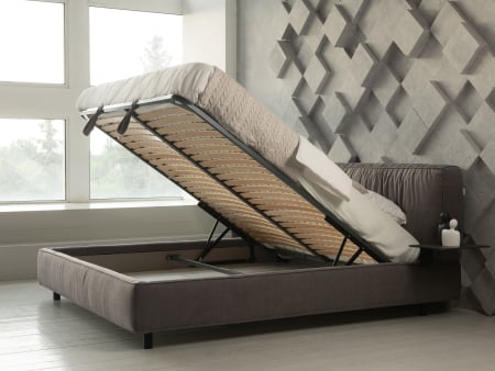 Pat tapitat Bern 1 cu tablie inalta, lada depozitare, somiera metalica, picioare metalice 11cm, laterale dehusabile, stil modern, personalizabil [5]