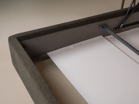 Pat tapitat Elim 2 cu tablie inalta capitonata, lada depozitare, somiera metalica, picioare plastic 3cm, laterale dehusabile, stil modern, personalizabil [11]