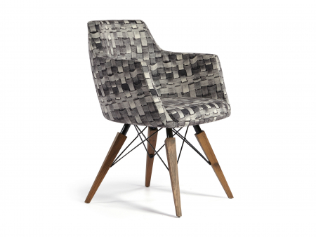 Scaune Dining - Scaun cu brate Hera 38, tapitat, personalizabil, picioare otel si lemn, scoica lemn masiv, stil contemporan, tapiterie stofa