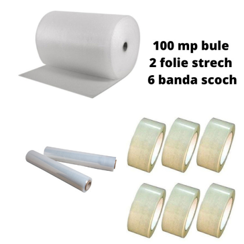 AMBALAJE SI CONSUMABILE - Pachet folie cu bule 100 mp + 6 role scotch + 2 Stretch , folie de 60 microni - 2 straturi