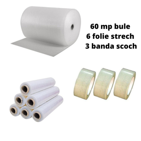 AMBALAJE SI CONSUMABILE - Pachet folie cu bule 60 mp + 3 role scotch + 6 Stretch, folie de 60 microni - 2 straturi