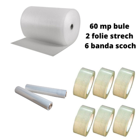 AMBALAJE SI CONSUMABILE - Pachet folie cu bule 60 mp + 6 role scotch + 2 Stretch , folie de 60 microni - 2 straturi