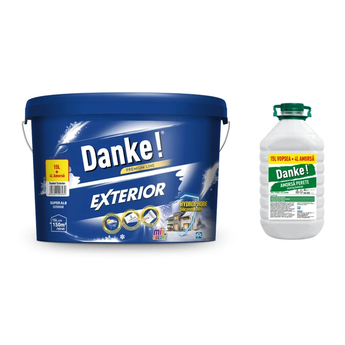 VOPSEA LAVABILA/AMORSA - Vopsea lavabila exterior Danke, alb, 15 L + amorsa Danke 4 L PROMO