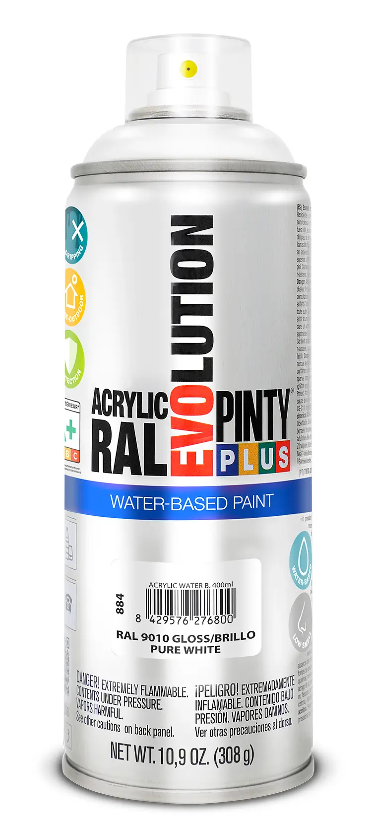 SPRAY/AUTO/HOME - Vopsea spray acrilica pe baza de apa alb pur lucios RAL 9010 400 ml Pinty plus
