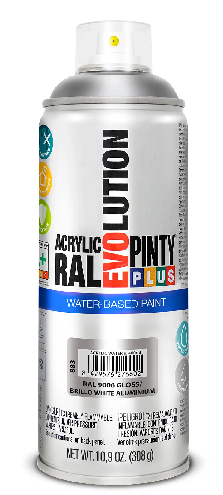 SPRAY/AUTO/HOME - Vopsea spray acrilica pe baza de apa aluminiu alb RAL 9016  400 ml • Pinty plus