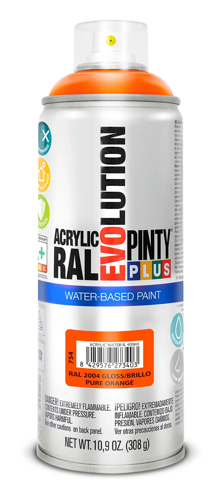 SPRAY/AUTO/HOME - Vopsea spray acrilica pe baza de apa  portocaliu pur RAL 2004  400 ml  Pintyplus