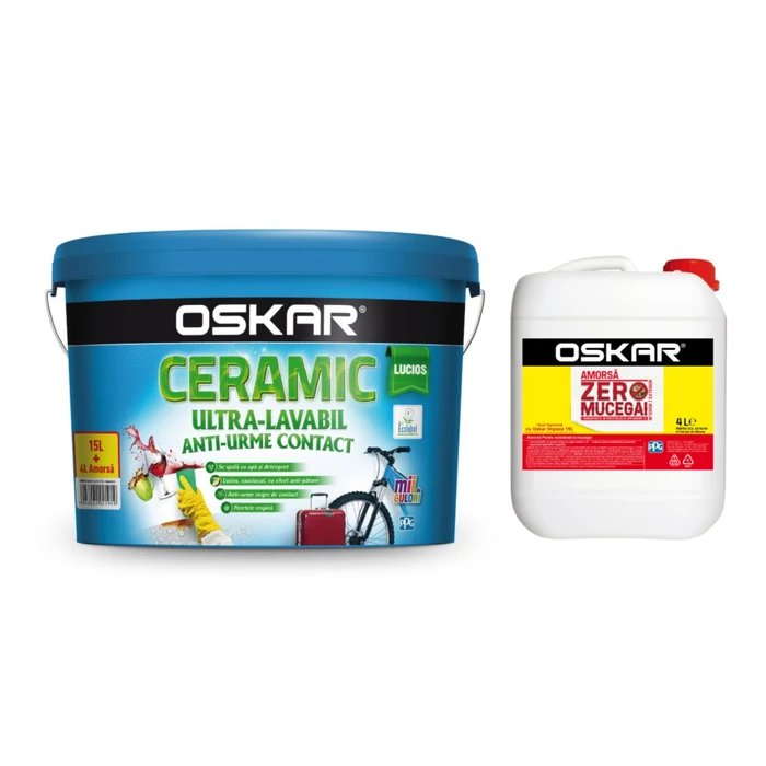 VOPSEA LAVABILA/AMORSA - Vopsea ultralavabila interior, Oskar Ceramic lucios, alb, 15 L + amorsa Oskar 4 L