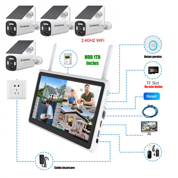 Kit complet cu 4 camere de supraveghere CLAUSTEEL BK26 cu panou solar, WIFI, 4MPX, acumulator 9000mAh, NVR cu display 10.1 inch, control din aplicatie, senzor de miscare integrat, Night Vision Color [7]