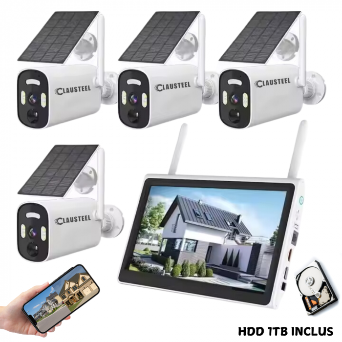 Kit complet cu 4 camere de supraveghere CLAUSTEEL BK26 cu panou solar, WIFI, 4MPX, acumulator 9000mAh, NVR cu display 10.1 inch, control din aplicatie, senzor de miscare integrat, Night Vision Color [1]