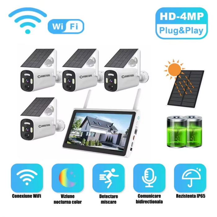 Kit complet cu 4 camere de supraveghere CLAUSTEEL BK26 cu panou solar, WIFI, 4MPX, acumulator 9000mAh, NVR cu display 10.1 inch, control din aplicatie, senzor de miscare integrat, Night Vision Color [9]