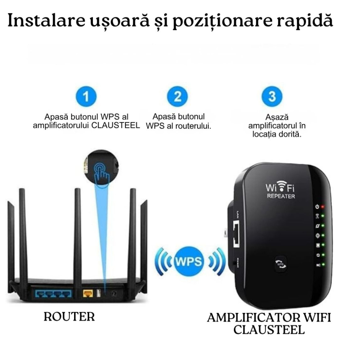 Amplificator de semnal Wireless CLAUSTEEL, Range Extender Retea WIFI cu Antene Incorporate, Transfer 300MBS, 2.4GHz, Conexiune WLAN, WPA2, WPA, WEP9, Functie WPS, Port LAN RJ-45, Negru [5]