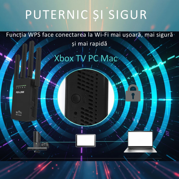 Amplificator de Semnal Wireless, Range Extender Retea WIFI, Retea 2,4GHz, Viteza 300Mbs, 4 Antene, Slot LAN, Compatibil cu 3G / 4G / 5G, Raza de actiune pana la 300M, Negru [5]