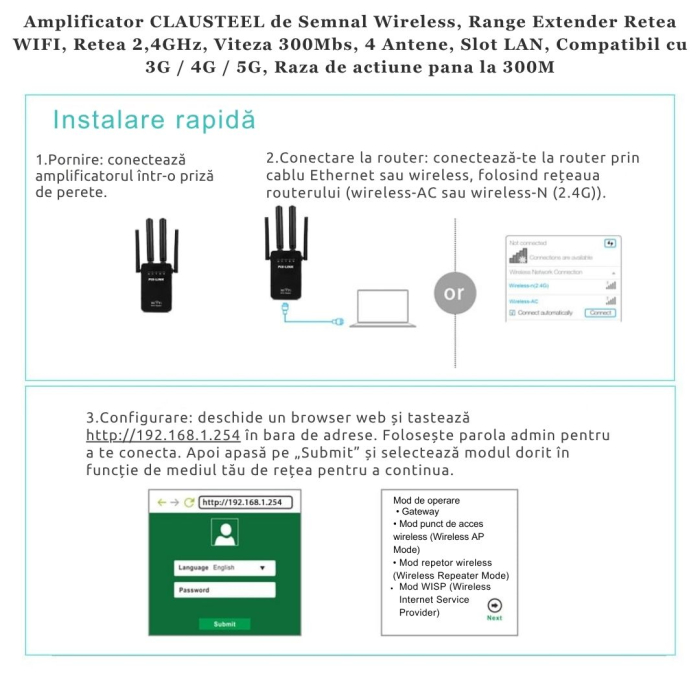 Amplificator de Semnal Wireless, Range Extender Retea WIFI, Retea 2,4GHz, Viteza 300Mbs, 4 Antene, Slot LAN, Compatibil cu 3G / 4G / 5G, Raza de actiune pana la 300M, Negru [7]