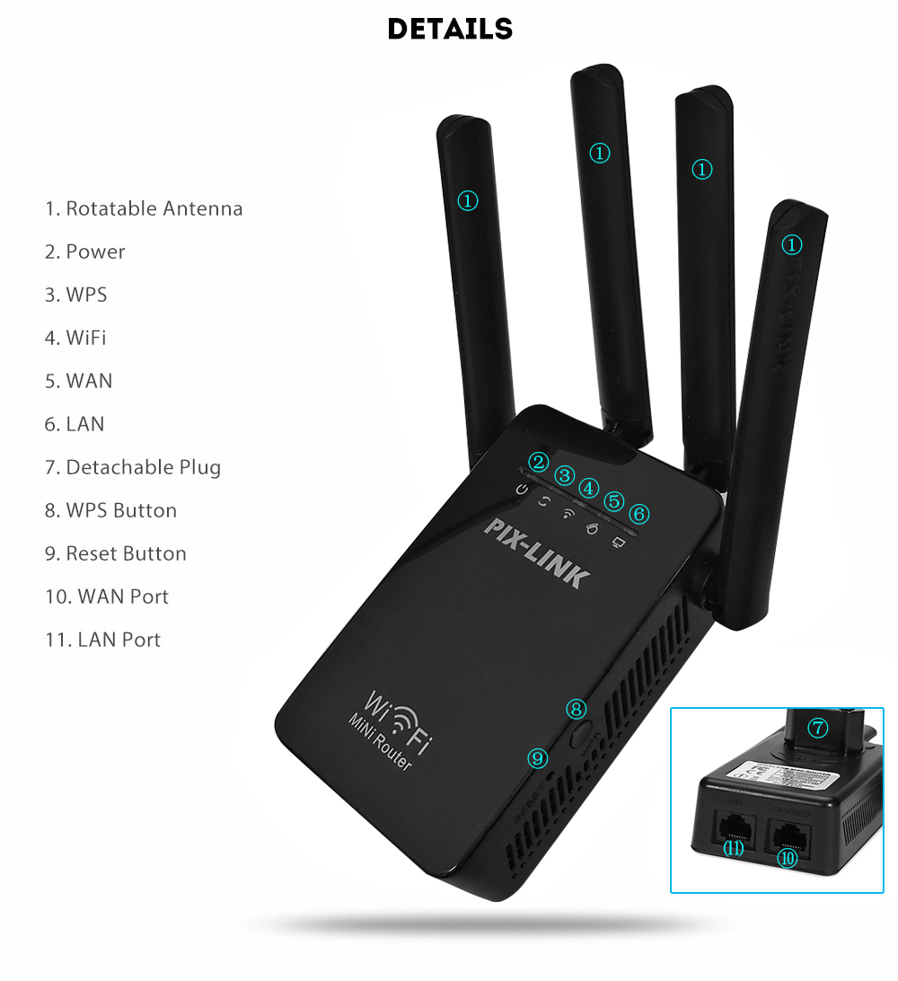 Amplificator de Semnal Wireless, Range Extender Retea WIFI, Retea 2,4GHz, Viteza 300Mbs, 4 Antene, Slot LAN, Compatibil cu 3G / 4G / 5G, Raza de actiune pana la 300M, Negru [6]