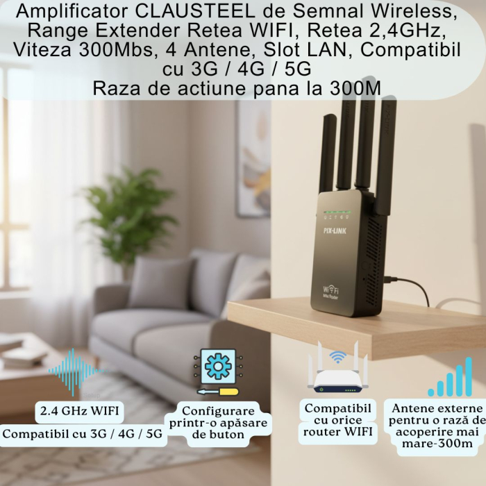 Amplificator de Semnal Wireless, Range Extender Retea WIFI, Retea 2,4GHz, Viteza 300Mbs, 4 Antene, Slot LAN, Compatibil cu 3G / 4G / 5G, Raza de actiune pana la 300M, Negru [3]